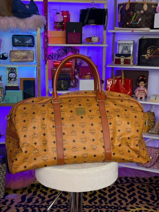 MCM Handbags - Mcm Viseto Cognac Leather Weekender Round Duffle Bag w/ handle coupler wrap 55cm
